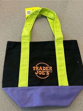 Trader Joe's Black Tote with Lime Handles and Purple Base